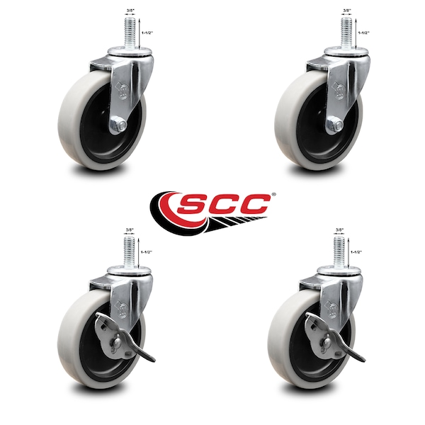 Service Caster 4 Inch Thermoplastic Wheel 3/8 Inch Threaded Stem Caster Set with 2 Brakes SCC SCC-TS05S410-TPRS-381615-2-SLB-2 - main